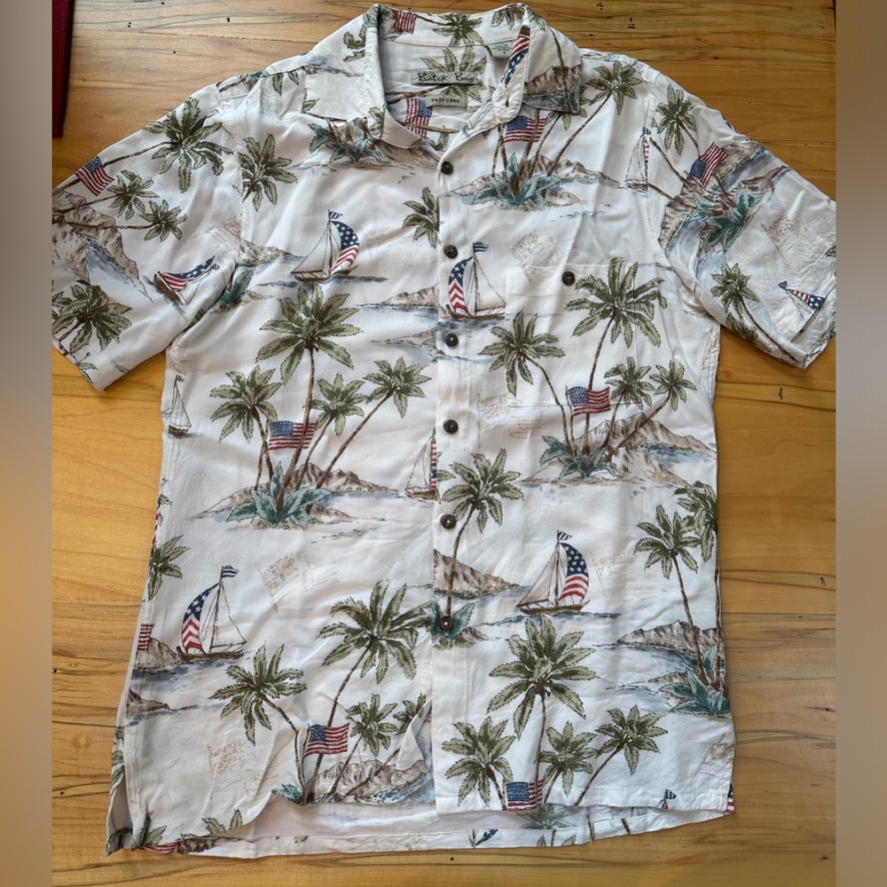 Batik Bay Easy Care Mens Hawaiian Shirt Button Down Small Palm Trees Boats Flag
